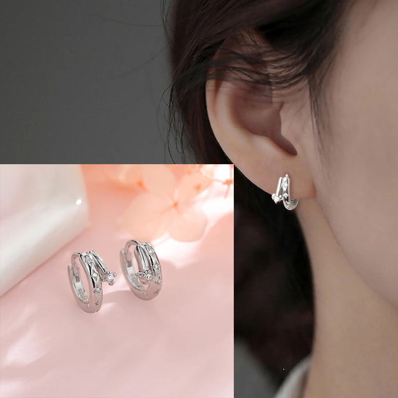 VENTFILLE 925 Sterling Silver CZ Star Moon Asymmetric Hoop Earrings for Women Girls Gold Silver Color Party Jewelry Gifts