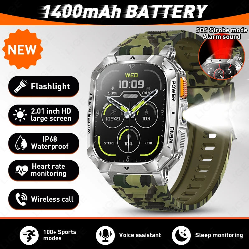 LIGE Militray 1400mAh Large Battery Smart Watch Men 2.01"HD Screen LED Flashlight & SOS Light BT Call Health Monitor Smartwatch