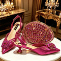2026 Italian Peach Gold Rhinestone HAND CRAFTED UPPER Pointed Toe Women High Heels Shoes and Bag Set Elegant Party Shoes
