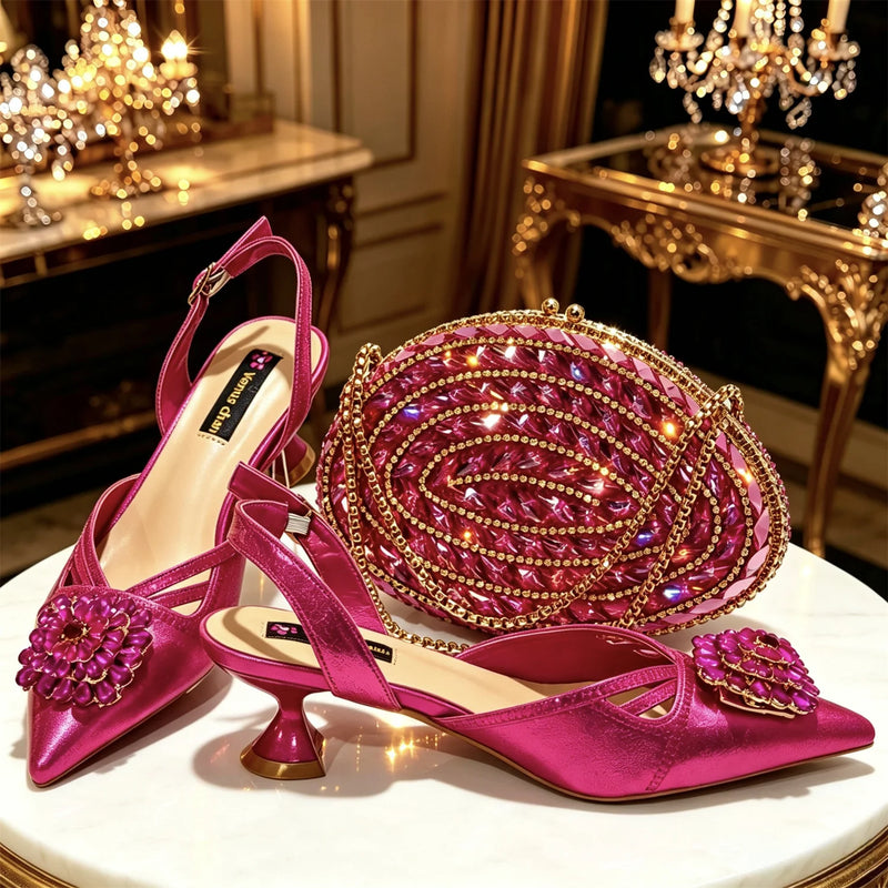 2026 Italian Peach Gold Rhinestone HAND CRAFTED UPPER Pointed Toe Women High Heels Shoes and Bag Set Elegant Party Shoes