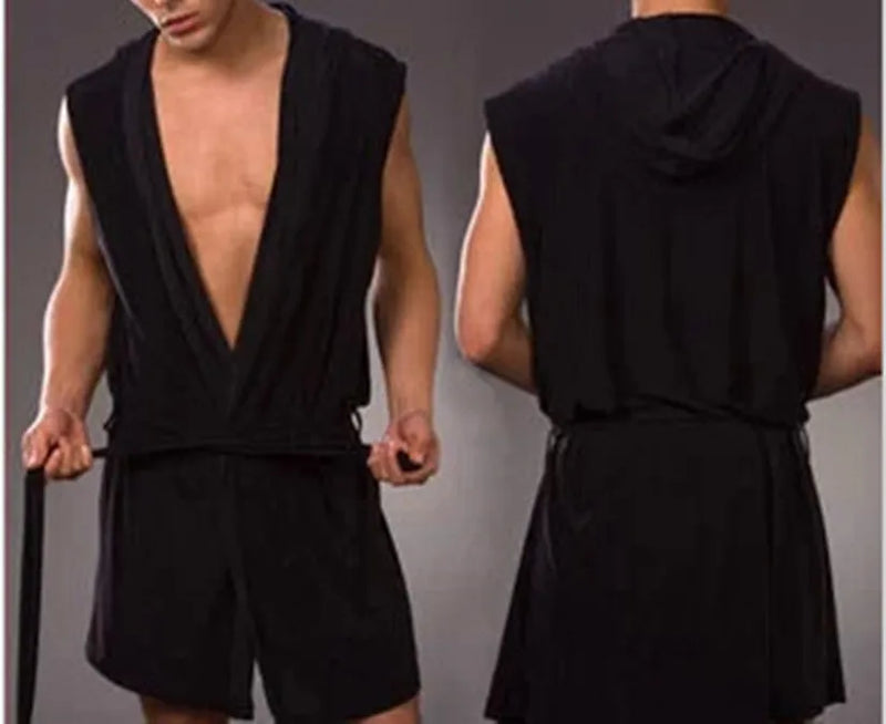 2026 Summer Men's Sexy Sleeveless Pajama Kimono Robe Fashion Loose Casual Hooded Bathrobes Cool Smooth Bath Robe Male Sleep Gown