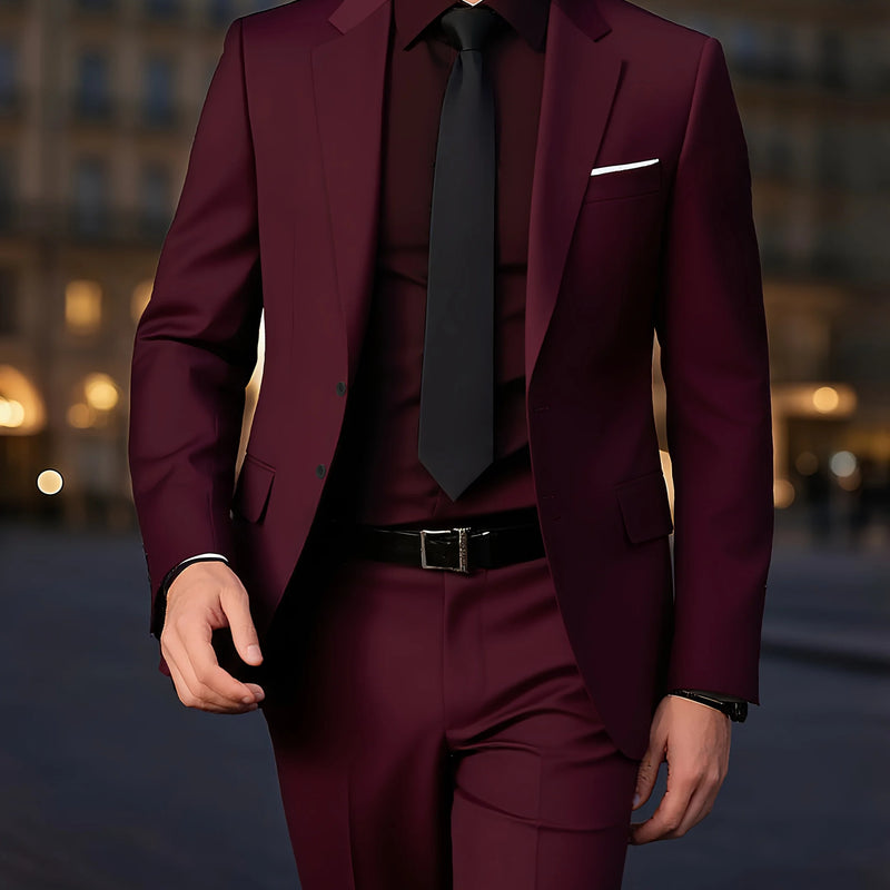 Men's Burgundy 2-Piece Suit Set (Blazer + Trousers Only, No Vest Included),Slim Fit Formal Business Wedding Party Jacket & Pants