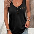 Vintage Leopard Triple Hearts Women Henley Sleeveless Tank Top U Neck Button Curved Hem Black Casual Daily Vest