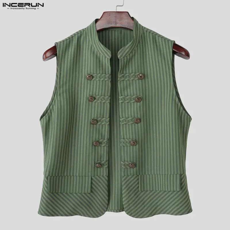 INCERUN Men Vests Striped Stand Collar Sleeveless Open Stitch Male Waistcoats Streetwear 2026 Fashion Casual Crop Vests For Man