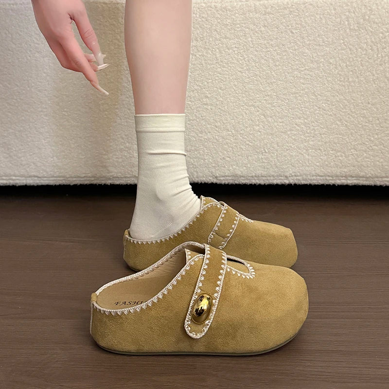 Women's Ladies Suede Flat Clogs Mules Slides with Contrast Stitching Closed Toe Slip On Comfotrable Casual Daily Slippers Shoes