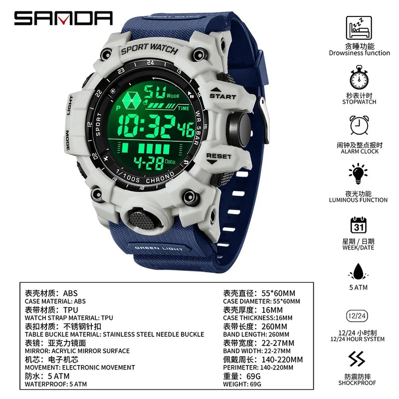 SANDA 6229 Men Outdoor Sports Watch Waterproof Analog Digital Show Multifunction Big Dial Electronic Wristwatch style Male Cloc