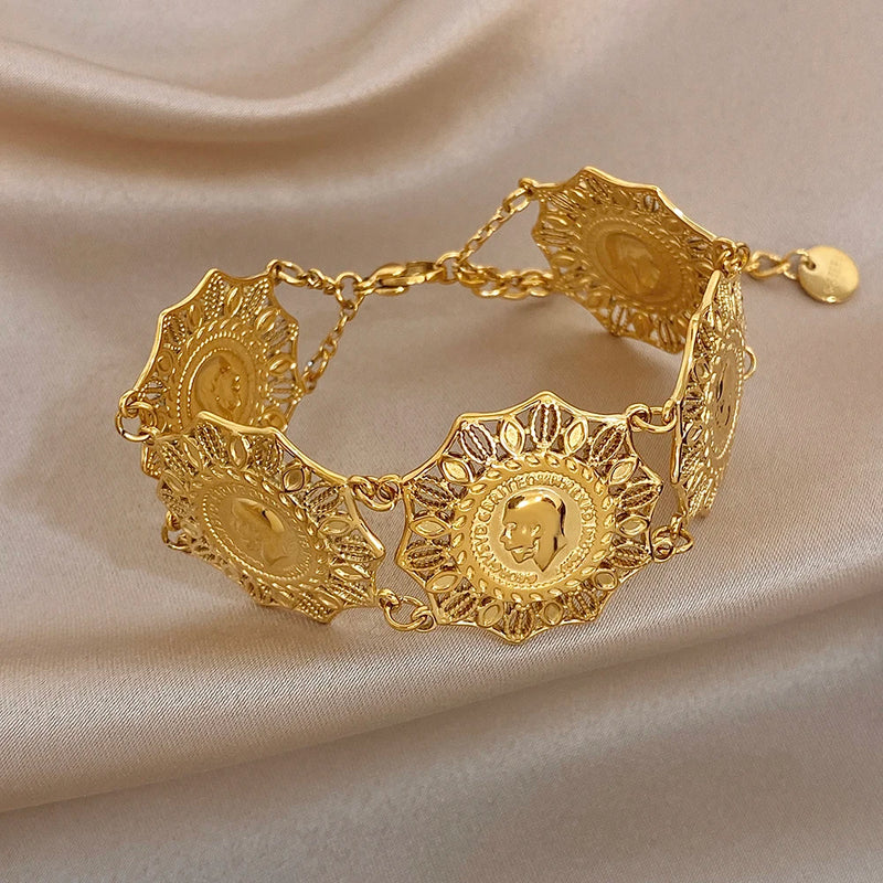 Vintage Gold Plated Stainless Steel Coins Wrist Bracelet for Women Men Classic Ethnic Cuff Bracelets Waterproof Jewelry