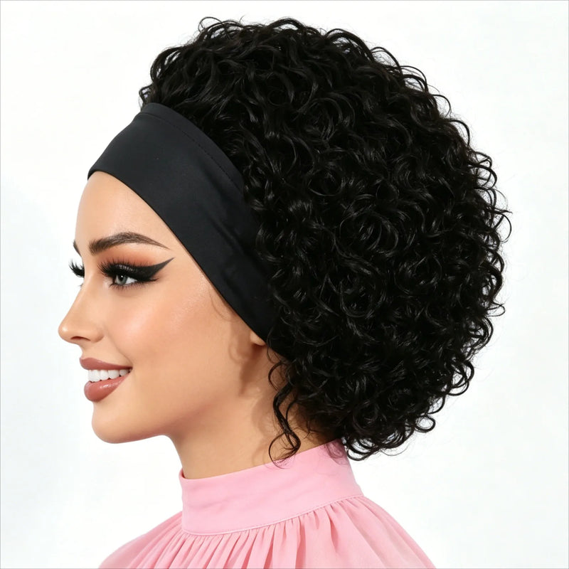 Stylish Short Curly Pixie Cut Headband Wigs 6 Inch 1B Natural Black Human Hair 150% Density Machine Crafted Breathable Lightweig