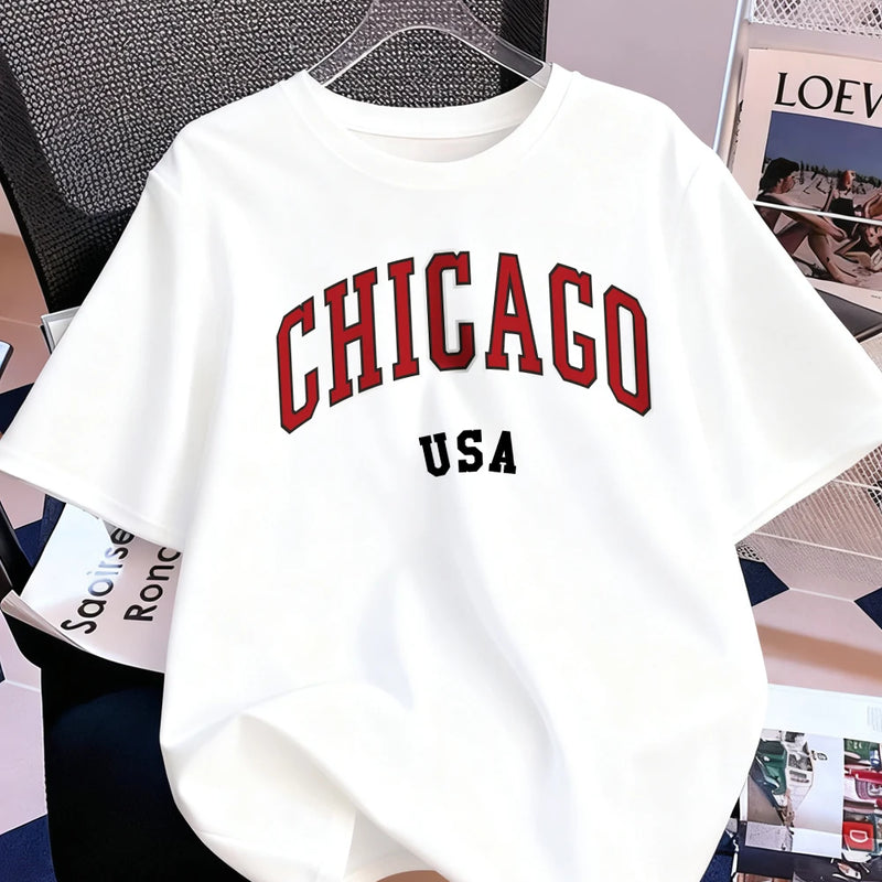 Chicago Usa Letter Printing T-Shirt Women Cotton Summer Short Sleeve Tops Comfortable Soft O-Neck T Shirt Casual Womans Clothes