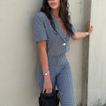 HH Women Casual Slim Plaid Blazer Pants Set 2026 Summer Autumn Gingham Short Blazer+High Waist Capri Pants Fashion Office Suits