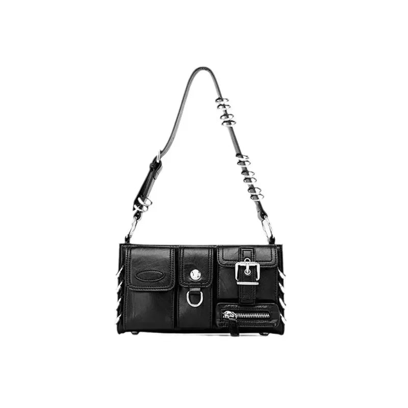 Meet You Y2K Vintage Gothic Black Shoulder Bag for Women Punk Cool Girls Multi-pocket Pu Leather Underarm Bag Trend Tote Bag