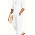 Men's White Linen Suit Set Long Sleeve Henley Shirt | SAMAG
