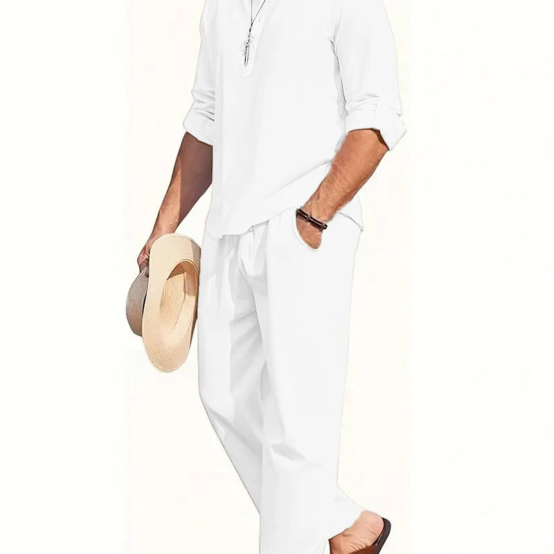 Men's White Linen Suit Set Long Sleeve Henley Shirt | SAMAG