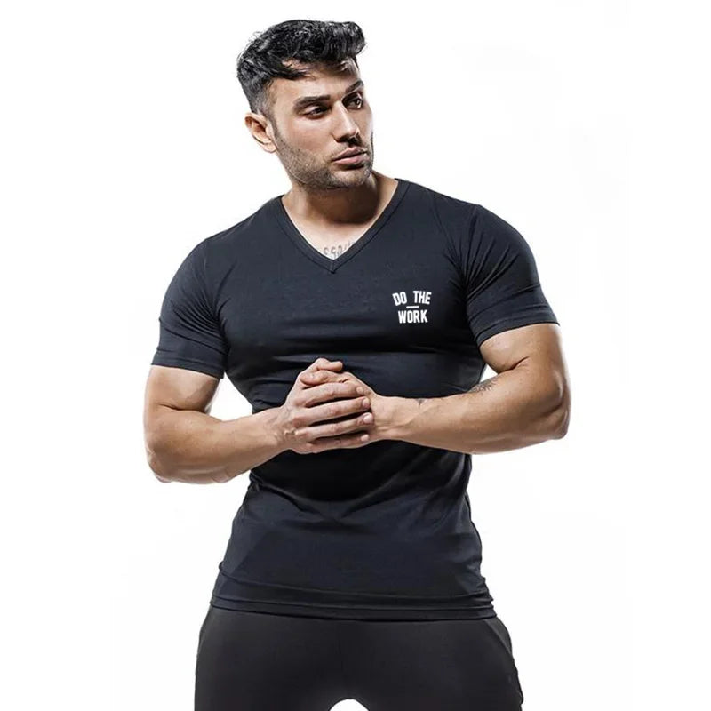 Summer Men Gym Bodybuilding Casual Short Sleeve Compression V-neck  Cotton Breathable Basketball Training  Pumping iron T-shirts