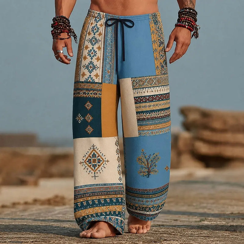Men's Color‑Block Aztec Tribal Geometric Print Wide Leg Harem Pants Elastic Drawstring Trousers For Boho - View 5 | SAMAG