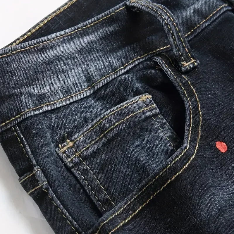 Men y2k Stretchy Denim jeans Ripped Skinny Letter Print | SAMAG