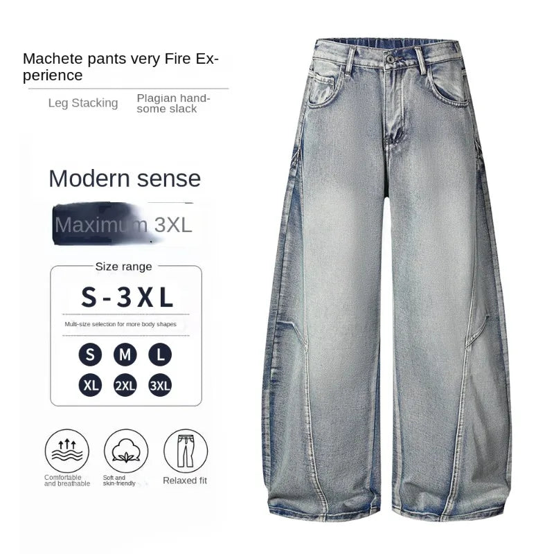 OIQERE Four Seasons New Men's Curved Leg Dirty Wash Denim | SAMAG