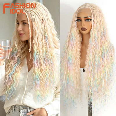 FASHION IDOL 13x4 Twist Box Braided Lace Frontal Wigs For Women Synthetic Braids Wigs Ivory White Faux Locs Goddess Lace Wigs