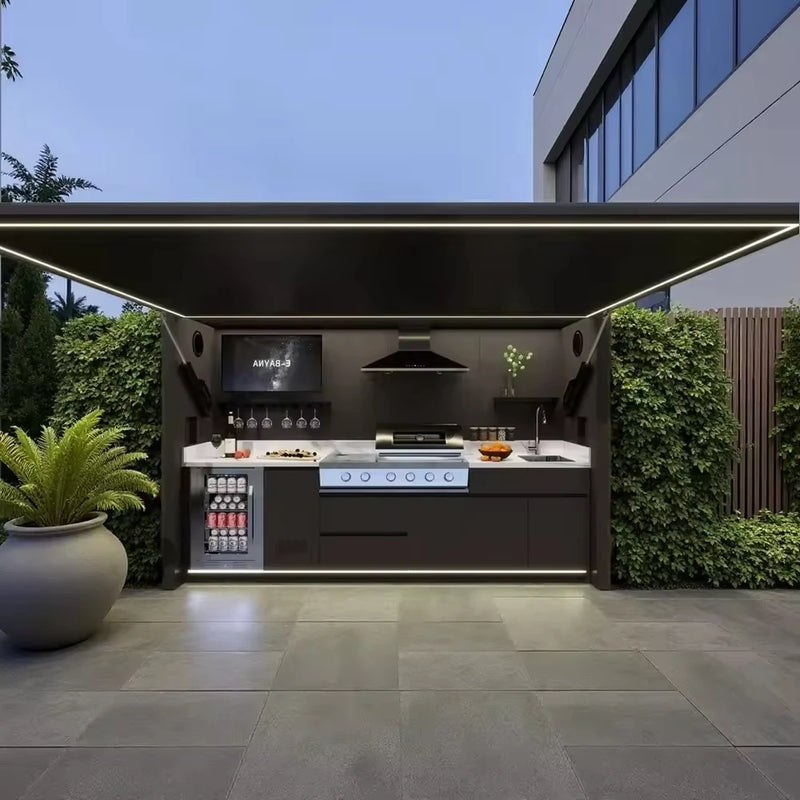 Customized Garden Kitchen with Modular Cabinets and Grill Island Outdoor Kitchen Cabinets Aluminum casing LED light