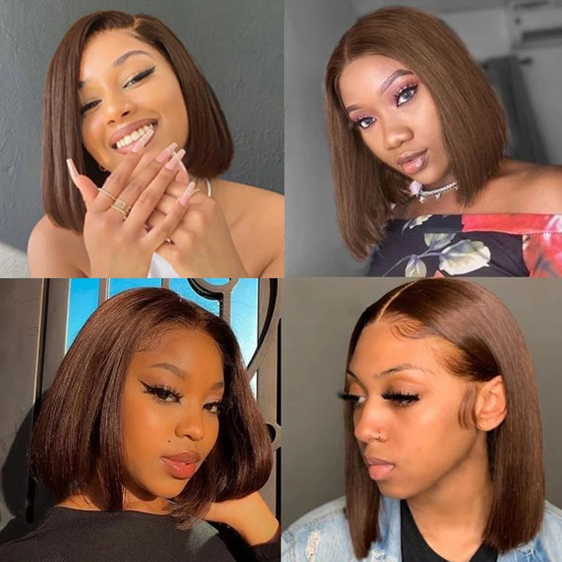 Chocolate Brown Bob Wigs 13x4 Lace Front Wig Bob Human Hair Brown Straight 200% Full Density Transparent Lace Frontal Wigs Bob Hair