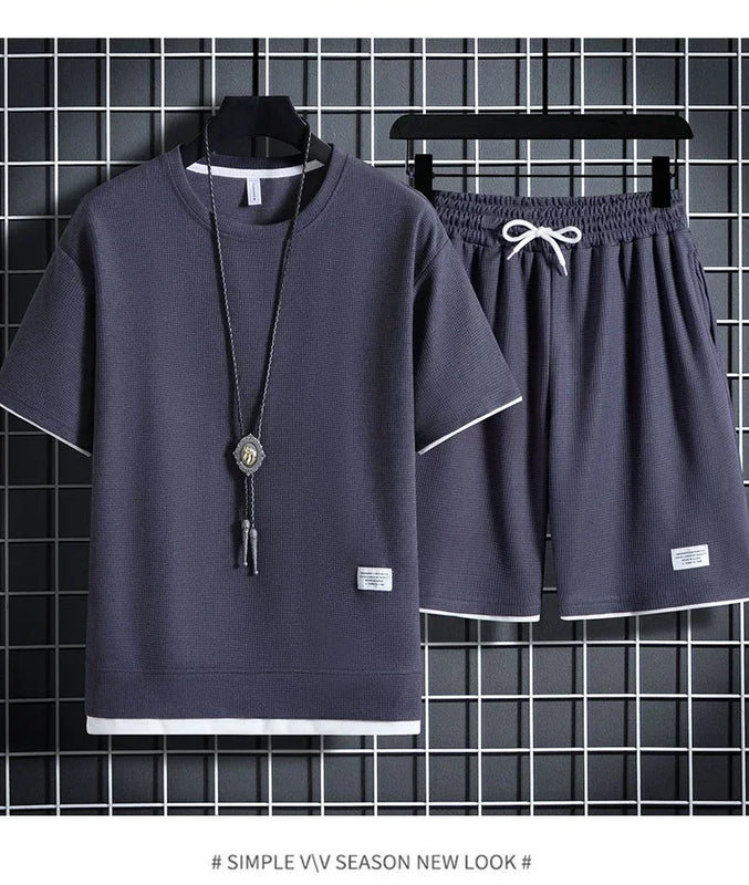 Summer Men's Simple Waffle Set Casual T - shirt Shorts Sports Solid Color Loose S - 3XL - View 5 | SAMAG