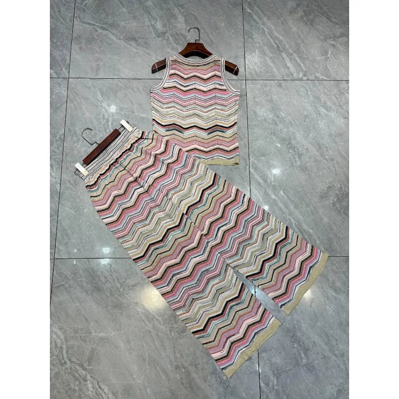 Metallic Striped Pleated Printed Pants Set for Women Fashion 2026 Summer New Slim Fit Elastic Vest + Straight Pants 2-Piece Set