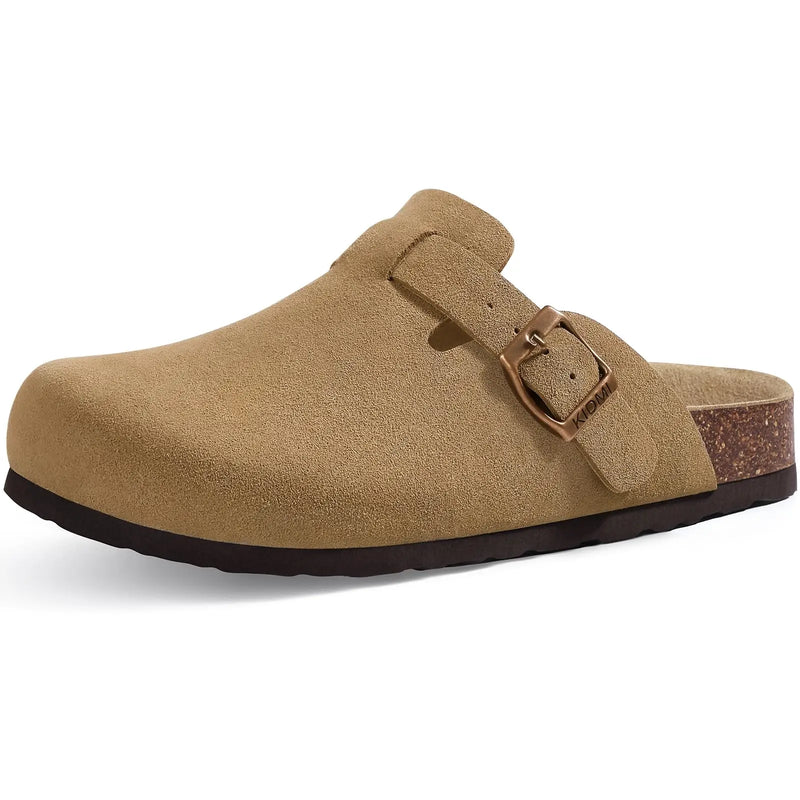 Comwarm Arch Support Unisex Clogs Slippers With Adjustable Metal Buckle Vegan Suede Mules Anti-slip Cork Footbed Potato Shoes