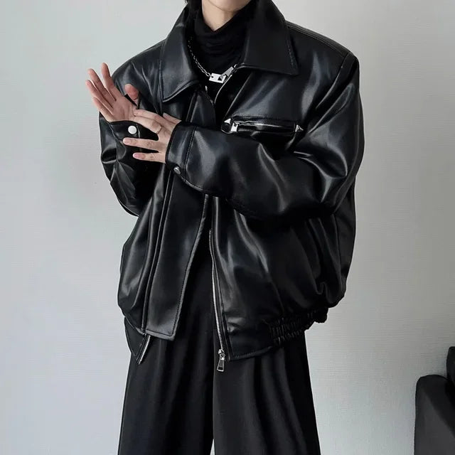 American PU Leather Coat Bomber Men Autumn Leather Men's Lapel Zipper Biker Men Clothing Coat Streetwear