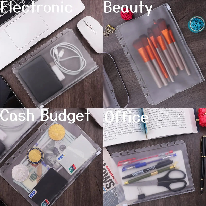 10PCS A6 Binder Pockets 6 Holes Cash Envelopes for Budgeting, Clear Zipper Folders for 6-Ring Binder, Waterproof PVC  Organizer