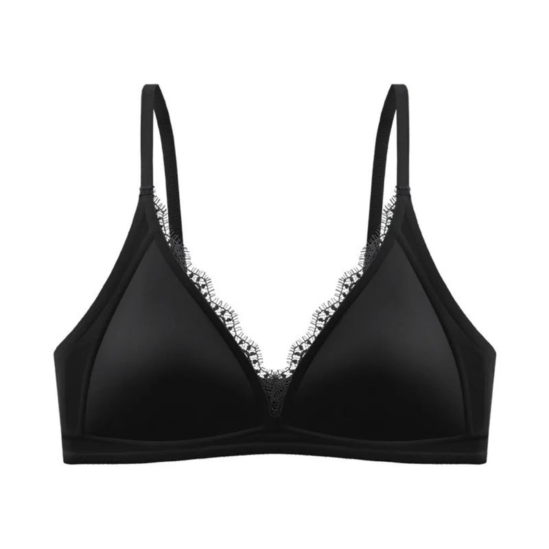 Ins Simple Satin Satin Wireless V Bra V Lace Neck Traceless Push Up Underwear Lingerie Solid Color Satin Lace Brassiere Running