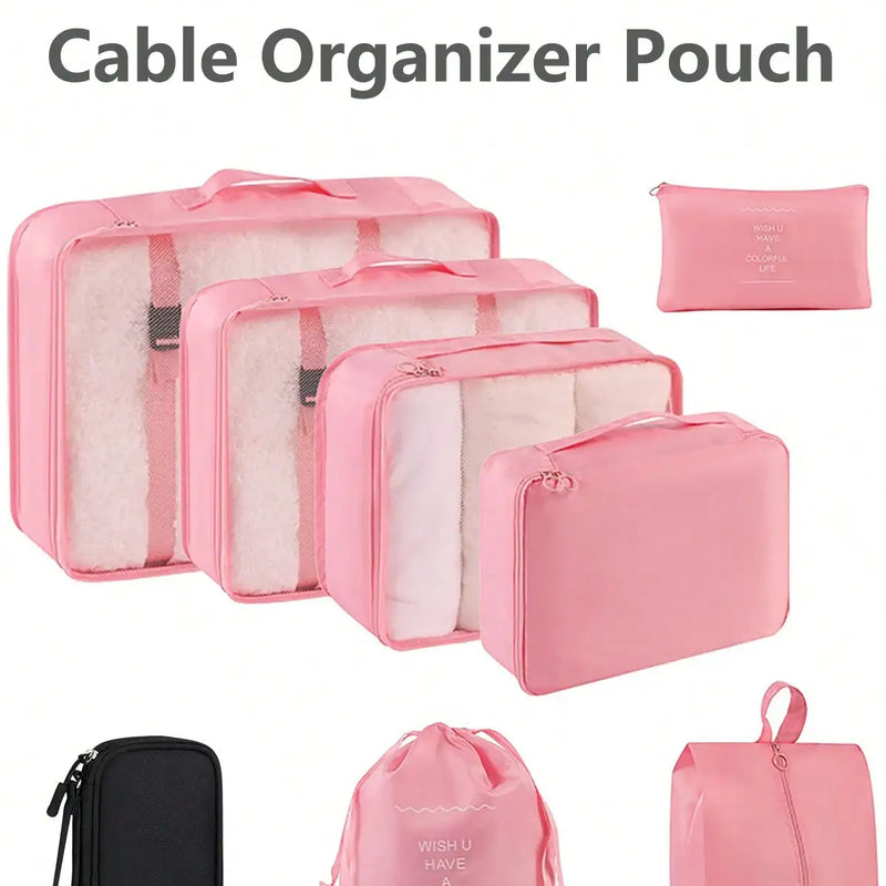 Waterproof Portable Travel Storage Set Including 8 Packing Cubes & Electronic Cable Organizer Pouches, Durable Carry Bag for Charger, Phone, Earphone and Travel Accessories, Black