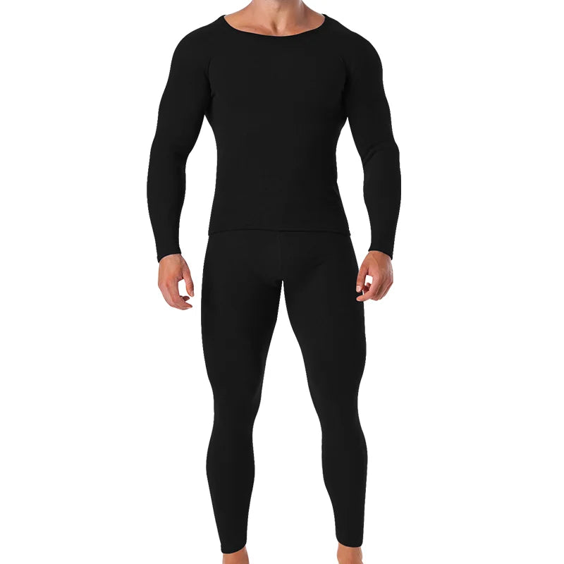 Winter Long Johns Men's Thermal Underwear Thickened Cashmere Silk Base Layer Set  Fleece Warm Pajamas Set Round Neck