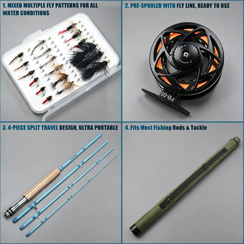 Professional Complete Fly Fishing Combo Rod Reel Floating Line Flies Stream Freshwater Trout Tackle