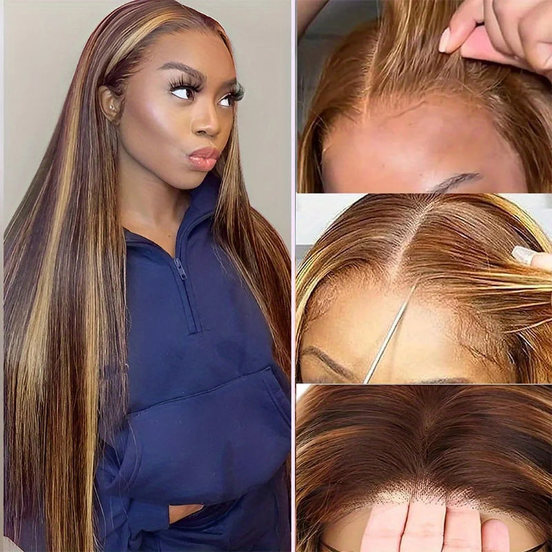 Honey Blonde Ombre Highlight Body Wave Lace Front Human Hair Wigs Pre Plucked Glueless Straight Deep Wave Frontal Wigs For Woman On Clearance Sale