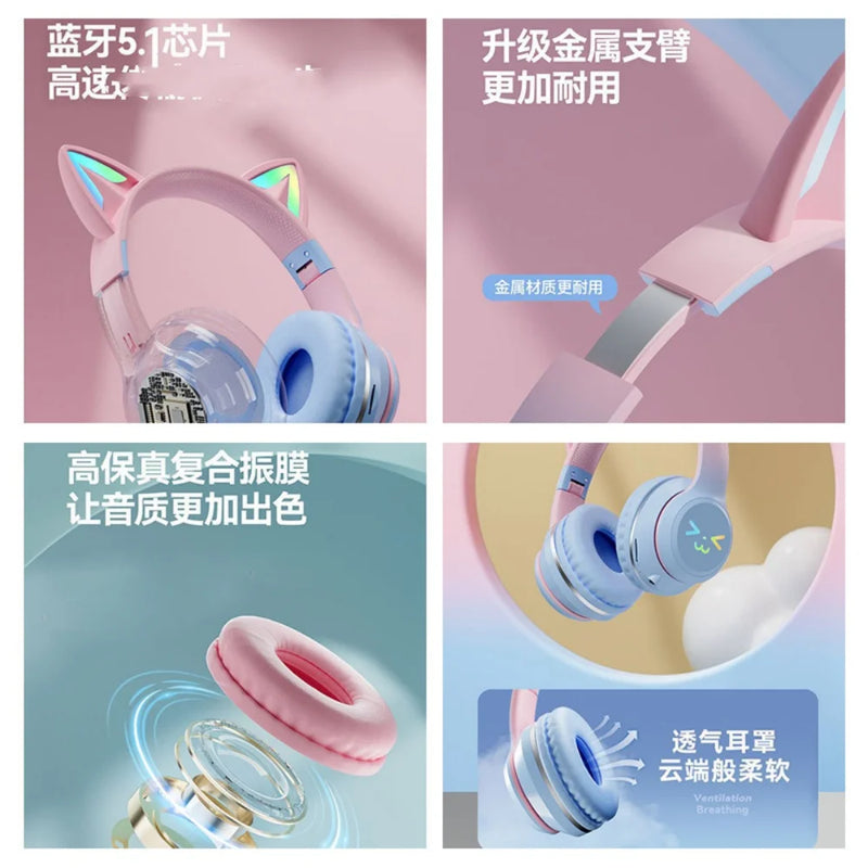 Cat's Ears Headset RGB Light Smile Face TWS Headset Gradient New Headphone Pink Little Girl Earphone Gift Suitable for Any Phone
