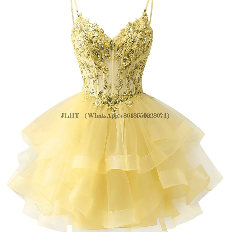 Customized Tiered Tulle A Line Homecoming Dress For Teens Sparkly Lace Applique Beaded Short Prom Dress Mini Cocktail Party Gown