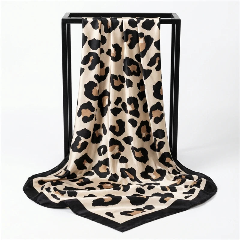 Luxury Brand 2026 Leopard Print Square Silk Scarf for Women Hijab Hair Bands 90cm Neckerchief Female Satin Shawl Ribbon Headband