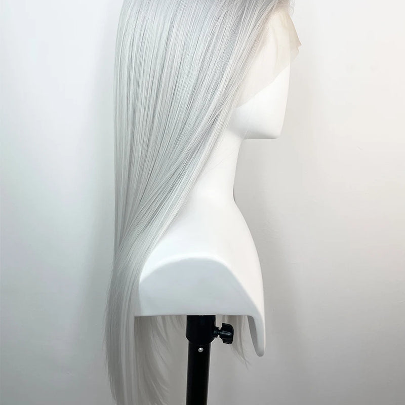 Widow‘s Peak Silver Grey 13x4 Synthetic Lace Front Wigs for Women Elf Cosplay 26 Inch Long Straight Glueless Wigs Free Part