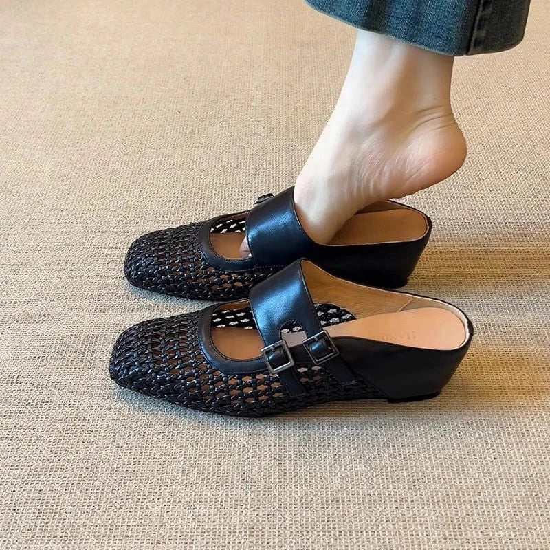 Women Woven Mules Hollow Out Leather Clogs Double Strap Buckle Wedge Slippers Vintage Closed Toe Summer Mid Heel Sandals Shoes