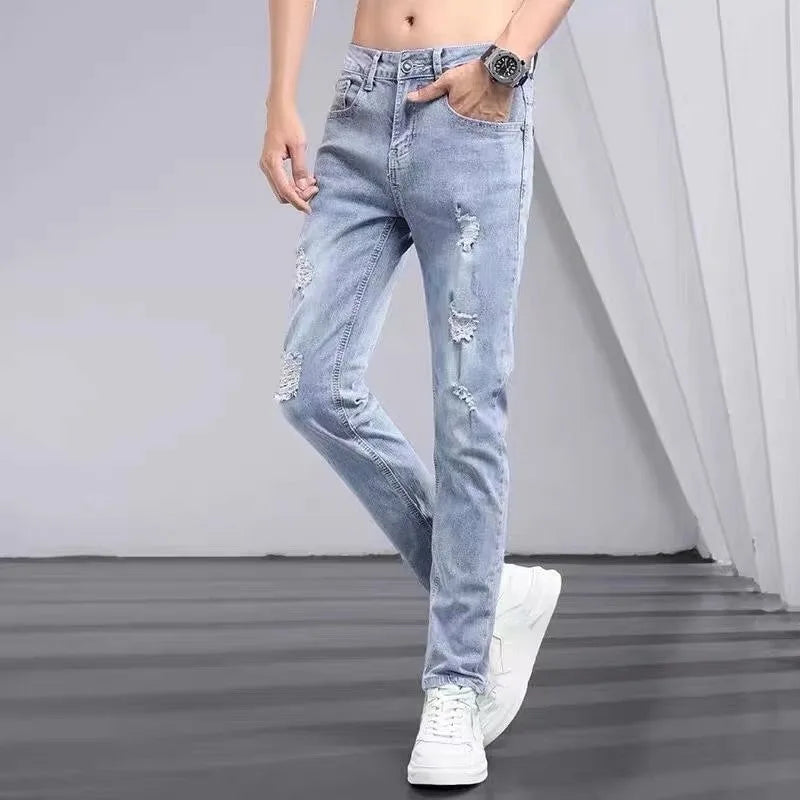 Men's Jeans Spring Summer Ripped Stretch Slim Straight | SAMAG