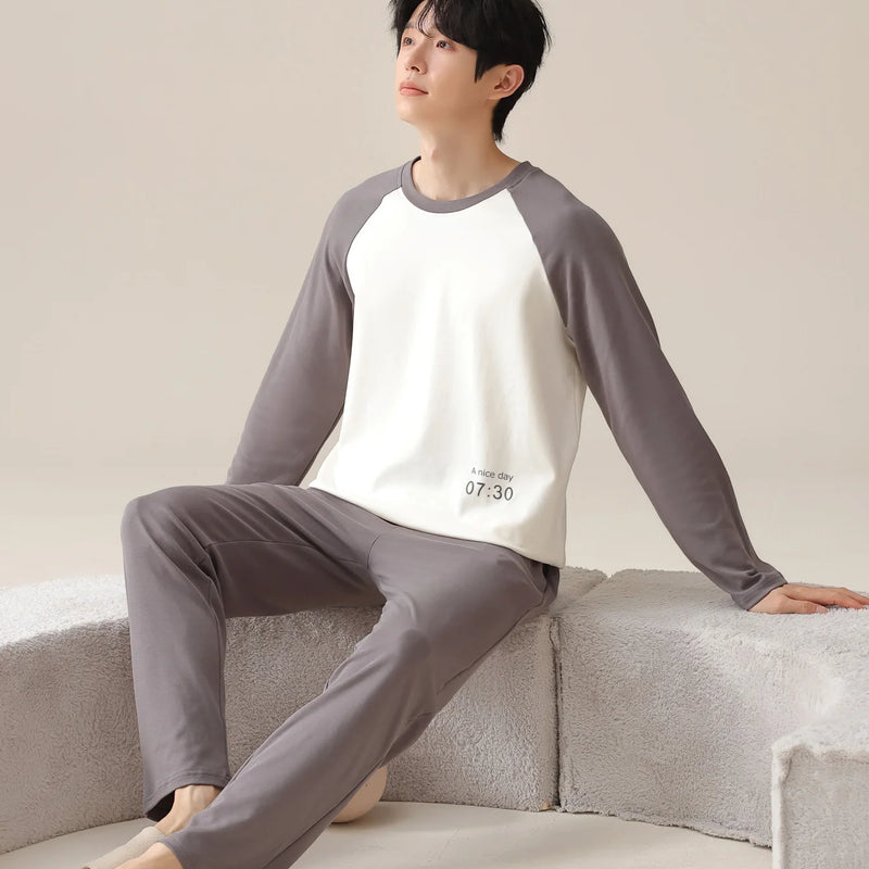 Men's 100% Cotton Long Sleeved Four Season Plus Size Men's Sleepwear, Teenage Pure Cotton Home Suit Set for Warmth