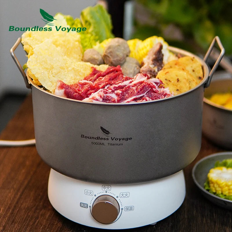 Boundless Voyage 2L 5L Big Capacity Soup Pot Titanium Camping Pot with Lid Folding Handle for Hiking Picnic Outdoor Cooking Pot