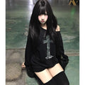 Seeslim Cross One-shoulder Graphic Hoodies Long Sleeve Black Women's Sweatshirts Harajuku Grunge 2000s Clothes Y2k Autumn Tops
