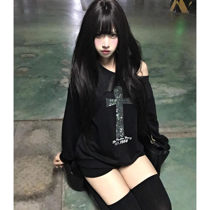 Seeslim Cross One-shoulder Graphic Hoodies Long Sleeve Black Women's Sweatshirts Harajuku Grunge 2000s Clothes Y2k Autumn Tops