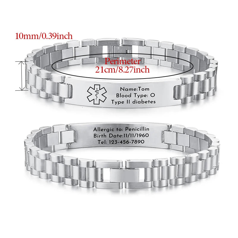 Custom Medical ID Bracelet Medilert Bracelets for Men Women Engraving Stainless Steel Medic ID Bracelet Wristband for Dad Mom