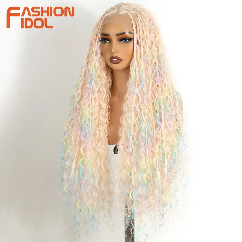 FASHION IDOL 13x4 Twist Box Braided Lace Frontal Wigs For Women Synthetic Braids Wigs Ivory White Faux Locs Goddess Lace Wigs