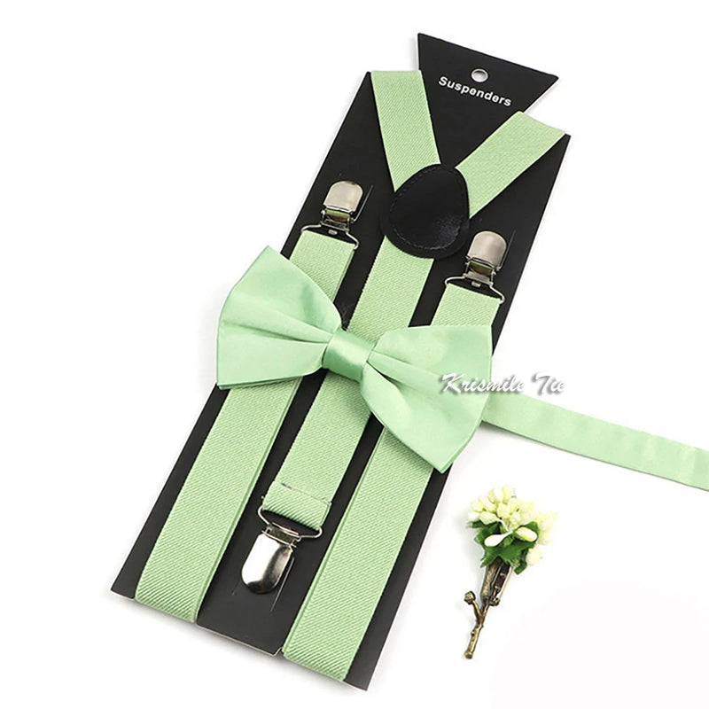 Novalty Sage Green Suspender Bowtie Set For Men Women Kids Romatic Wedding Party Elastic Y-back Straps Pants Shirt Accessory