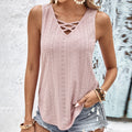 2024 New Summer Women's Hollow Out Breathable Sleeveless T-Shirt V-neck Vest Female  with Jacquard Cross Solid Strap Top