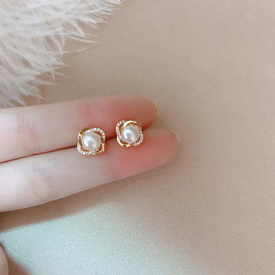 Upscale 14k Gold Jewelry Real Earrings Zircon Pearl Twist Luxury Stud for Women Brincos Pendientes Bijoux | SAMAG