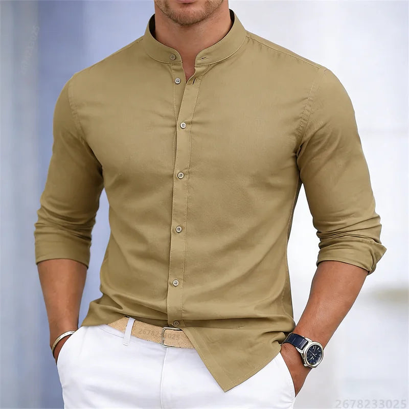 Men's stand-up collar white or black long-sleeved shirt | SAMAG